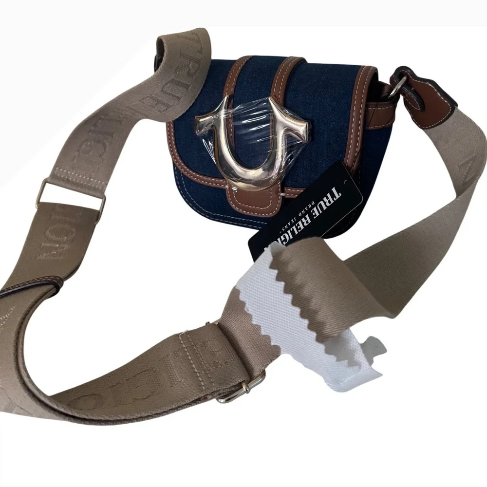 True Religion Frayed Blue Denim Mini Flap Gold Tone‎ Hardware Crossbody Bag NWT